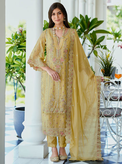 Ethnic Motifs Embroidered Sweetheart Neck Straight Kurta With Trousers & Dupatta
