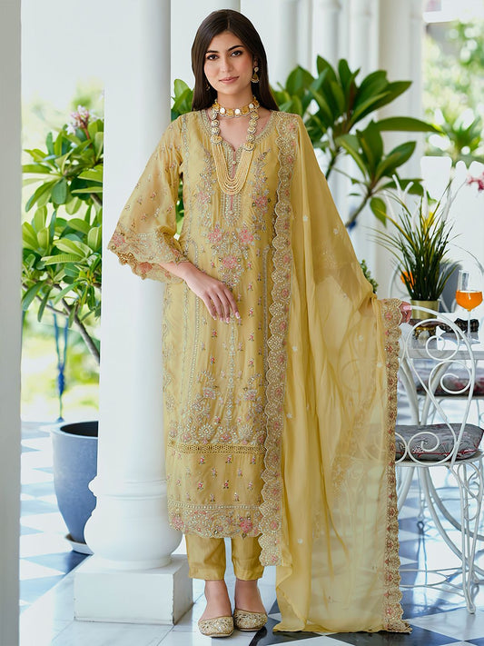 Ethnic Motifs Embroidered Sweetheart Neck Straight Kurta With Trousers & Dupatta