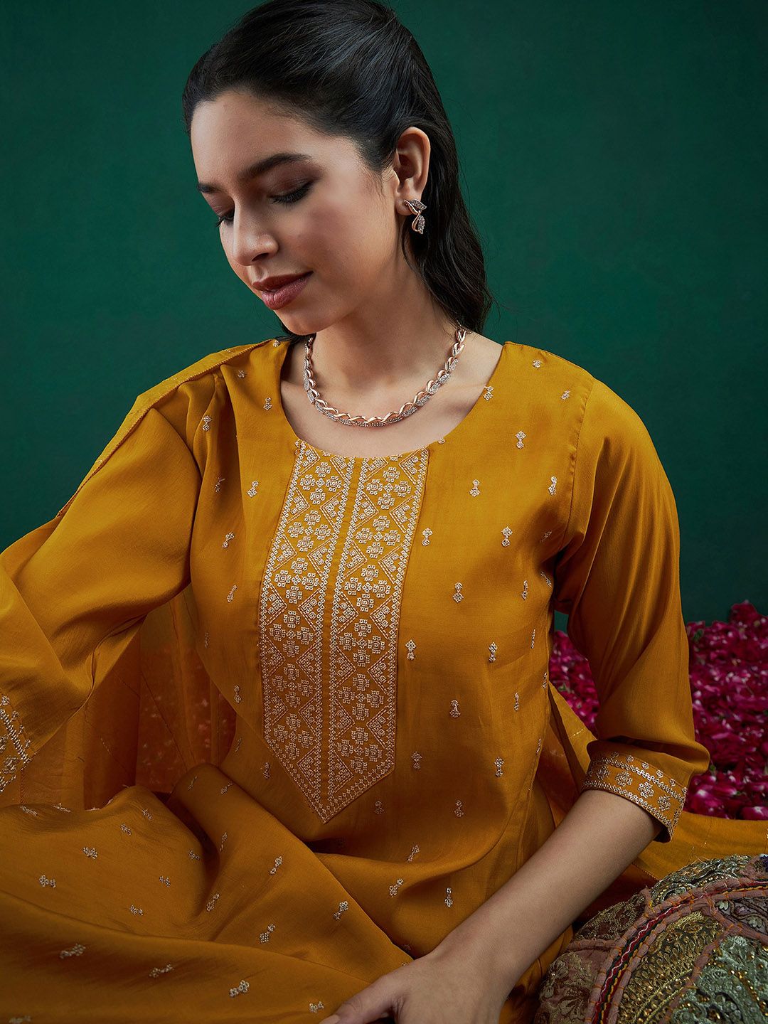 Dhiyona IE Embroidered Regular Sequinned Chanderi Silk Kurta With Trousers & Dupatta