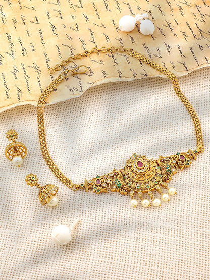 Dhiyona RJ Women's 22K Gold-Plated Ruby, Emerald & Cubic Zirconia Studded Choker Set with Pearl Drops