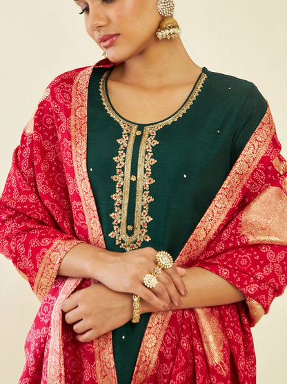 Dhiyona SO Women's Floral Embroidered Zari Kurta with Trousers & Dupatta