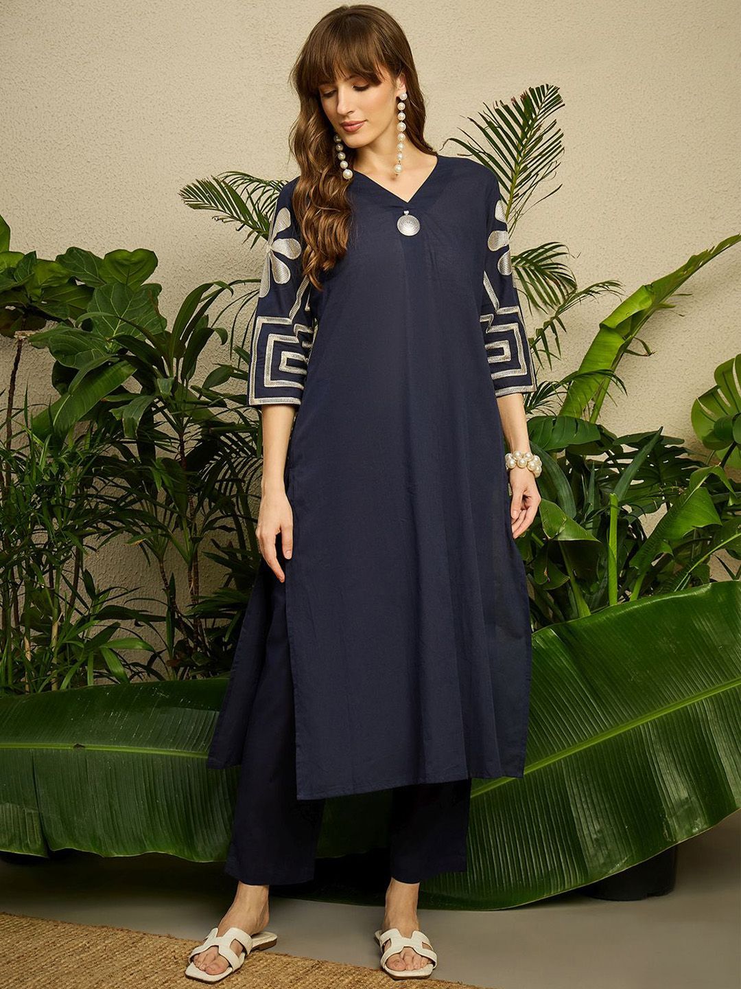 Dhiyona IE Embroidered Pure Cotton V-Neck Top With Trousers