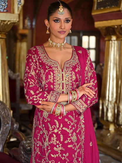 Ethnic Motifs Embroidered Zari V-Neck Straight Kurta & Palazzos With Dupatta