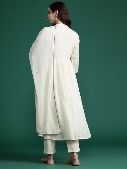 Dhiyona IE Floral Embroidered Empire Thread Work Pure Cotton Kurta with Trousers & Dupatta