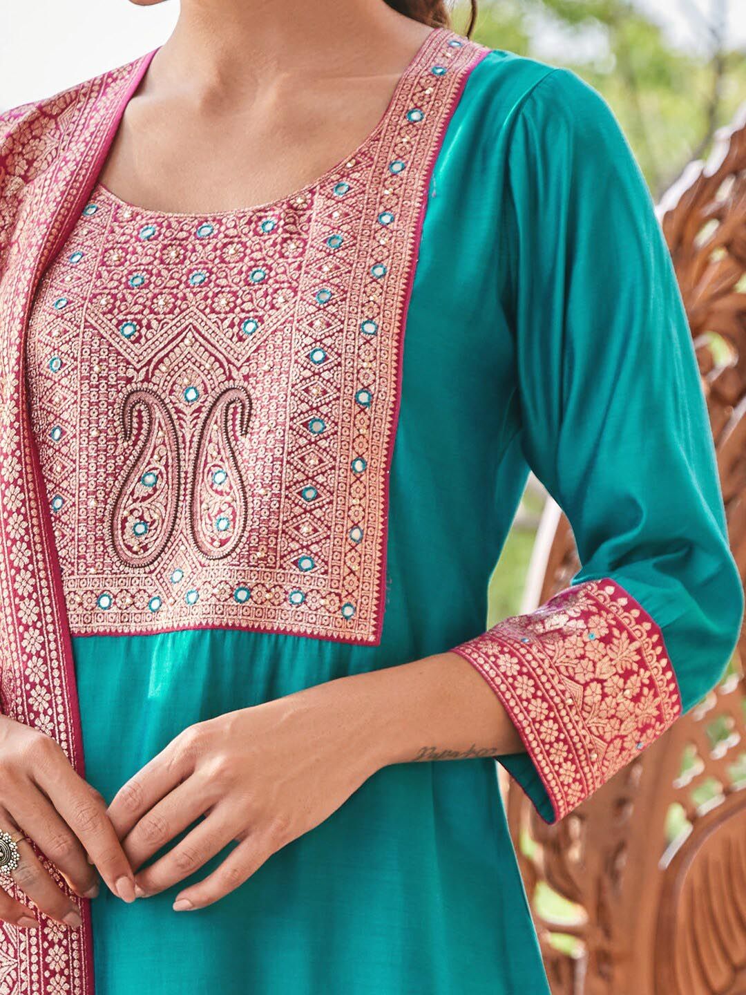 Dhiyona WP Women Paisley Yoke Design Regular Mirror Work Kurta with Trousers & With Dupatta