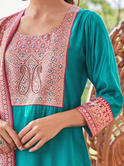 Dhiyona WP Women Paisley Yoke Design Regular Mirror Work Kurta with Trousers & With Dupatta