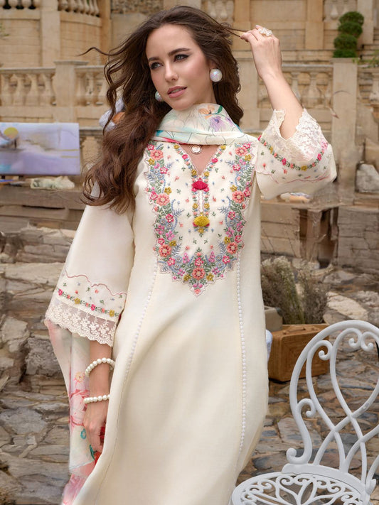 Floral Embroidered Kurta With Trousers & Dupatta