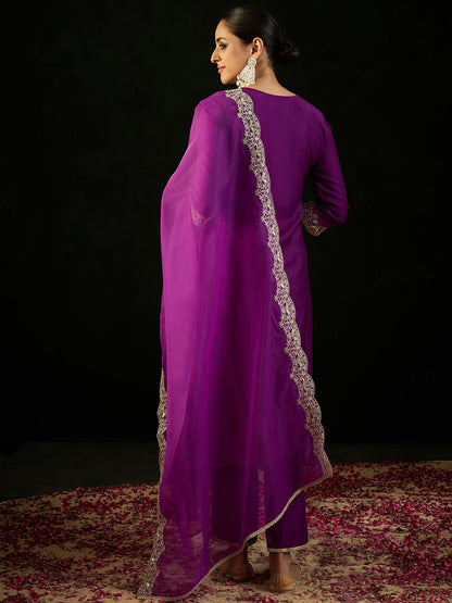 Dhiyona IE Notched Neck Floral Embroidered Liva Kurta with Trouser & Dupatta