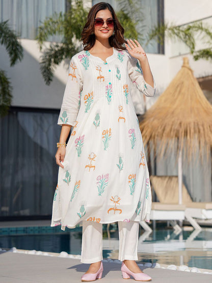 Floral Printed Pure Cotton Anarkali Kurta with Trousers