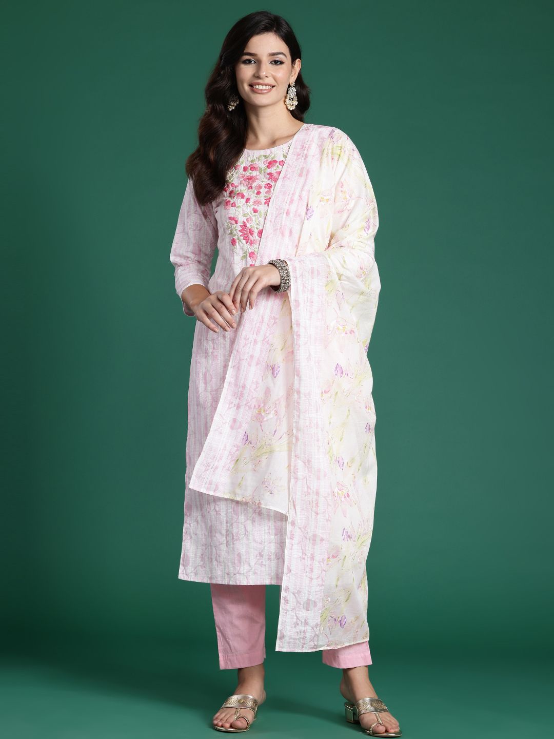 Dhiyona IE Embroidered Thread Work Pure Cotton Kurta With Trousers & Dupatta
