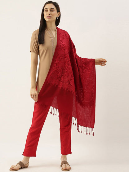 Dhiyona PA Women Maroon Embroidered Pure Wool Shawl