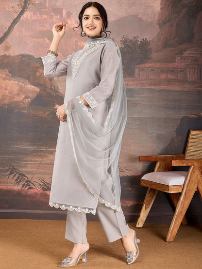 Dhiyona PD Women Sequined Embroidered Round Neck Straight Kurta & Trousers With Dupatta