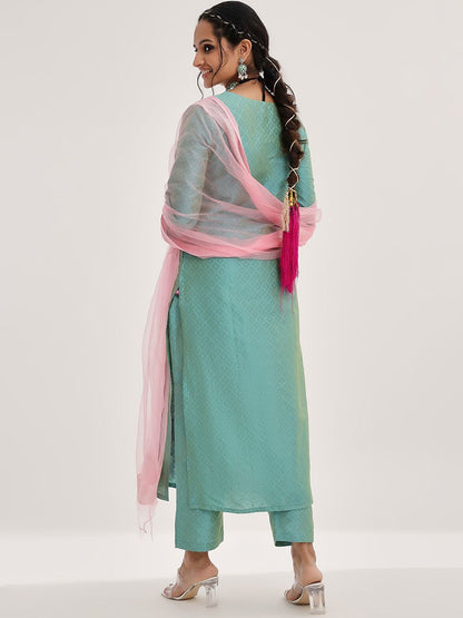 Dhiyona VA Women'sFloral Yoke Design Gotta Patti Kurta & Trousers With Dupatta