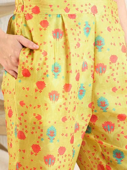 Dhiyona IE Orange Floral Printed Flared Kaftan Kurta with Trouser