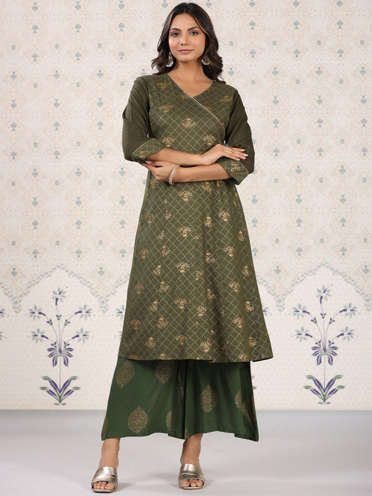 Dhiyona OD  Olive Green & Gold Printed V Neck Angrakha Kurta With Palazzos