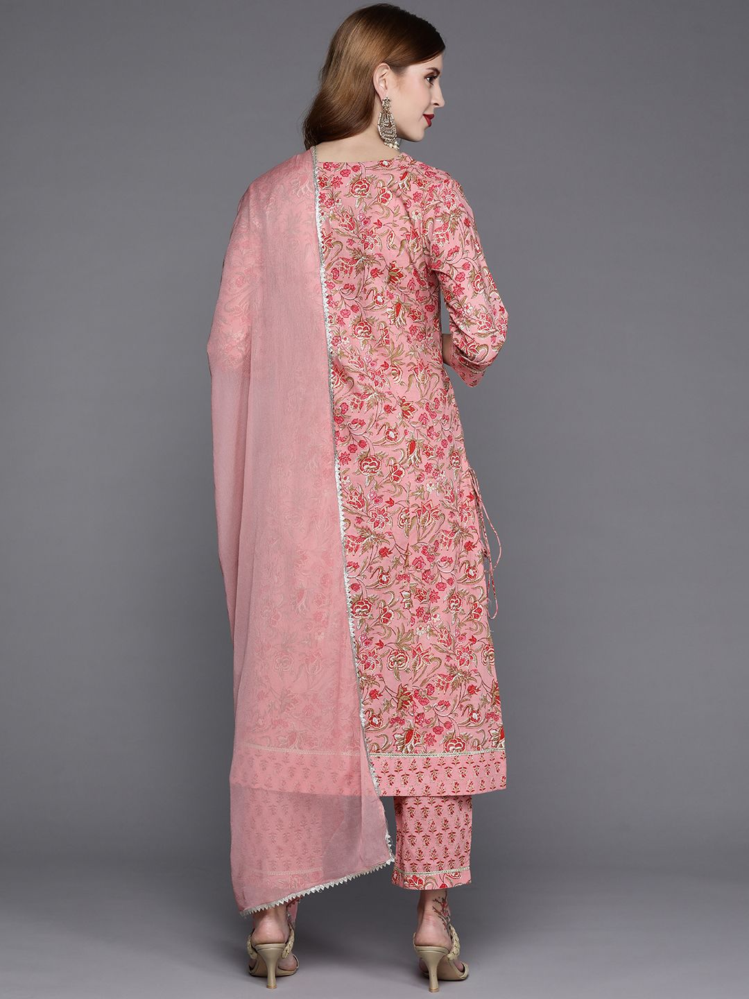 Dhiyona VA Women's Pink Printed Gotta Patti Pure Cotton Kurta with Trousers & Dupatta