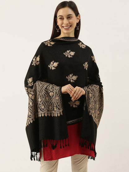 Dhiyona PA Women Black & Beige Aari Embroidered Shawl