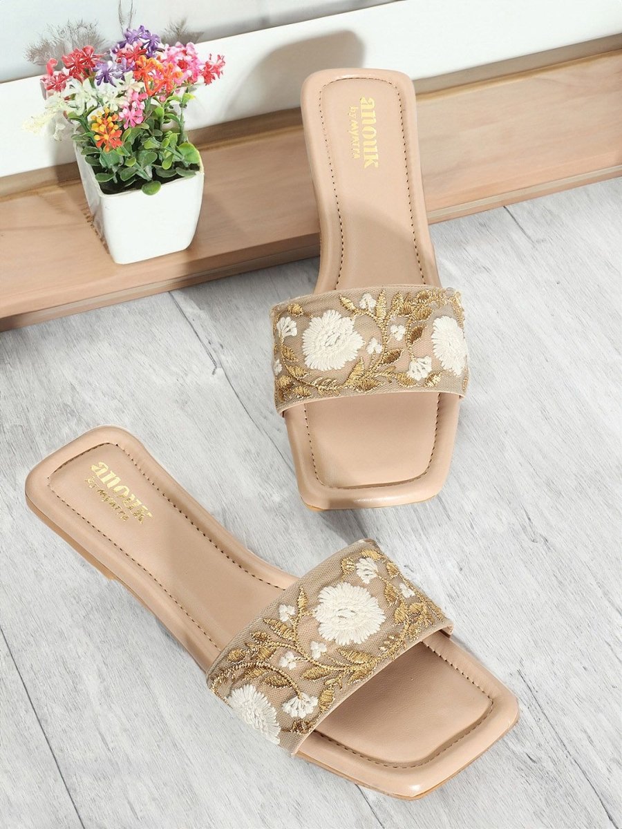 Dhiyona AK Beige Floral Embroidered Open Toe Flats