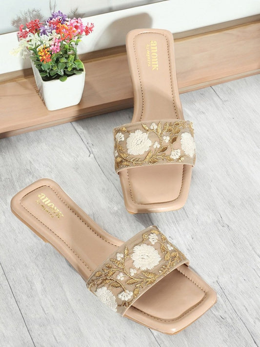 Dhiyona AK Beige Floral Embroidered Open Toe Flats