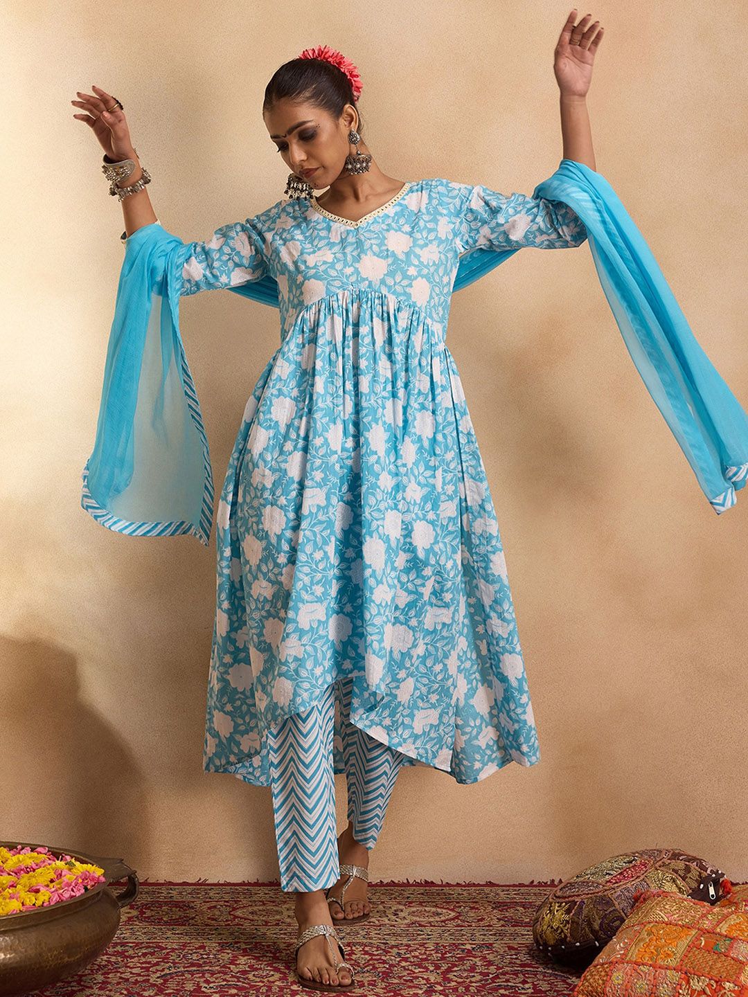 Floral Printed Empire Mirror Work Cotton A-Line Kurta with Trousers & Dupatta