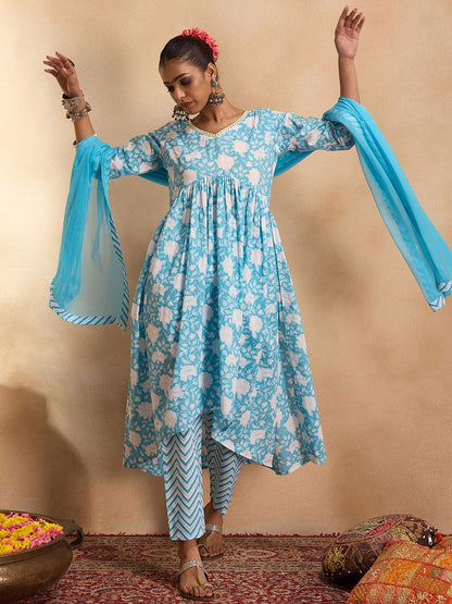 Floral Printed Empire Mirror Work Cotton A-Line Kurta with Trousers & Dupatta