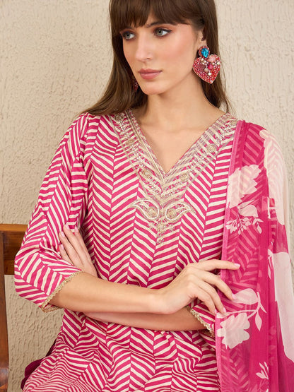 Chevron Printed Pure Cotton Straight Kurta With Trousers & Dupatta