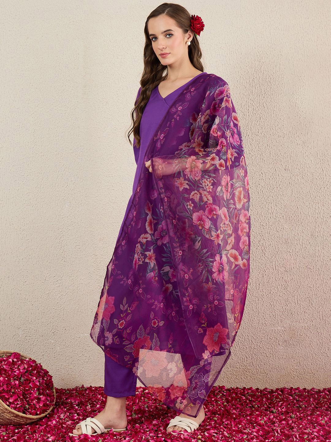 V-Neck Straight Kurta With Trousers & Dupatta