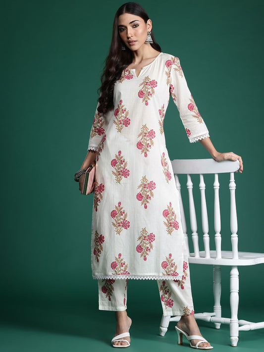 Dhiyona IE Women Floral Printed Pure Cotton Kurta with Trousers