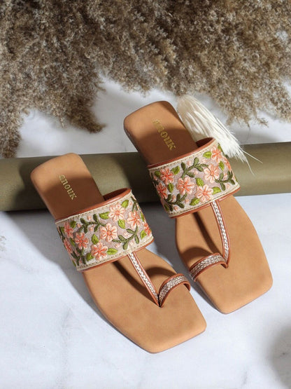 Dhiyona AK Tan Brown Printed Open Toe Flats
