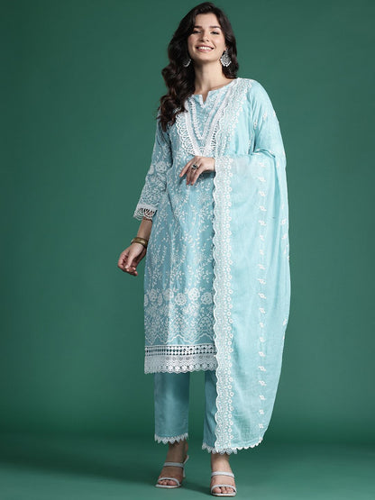 Dhiyona IE Floral Embroidered Thread Work Pure Cotton Kurta with Trousers & With Dupatta