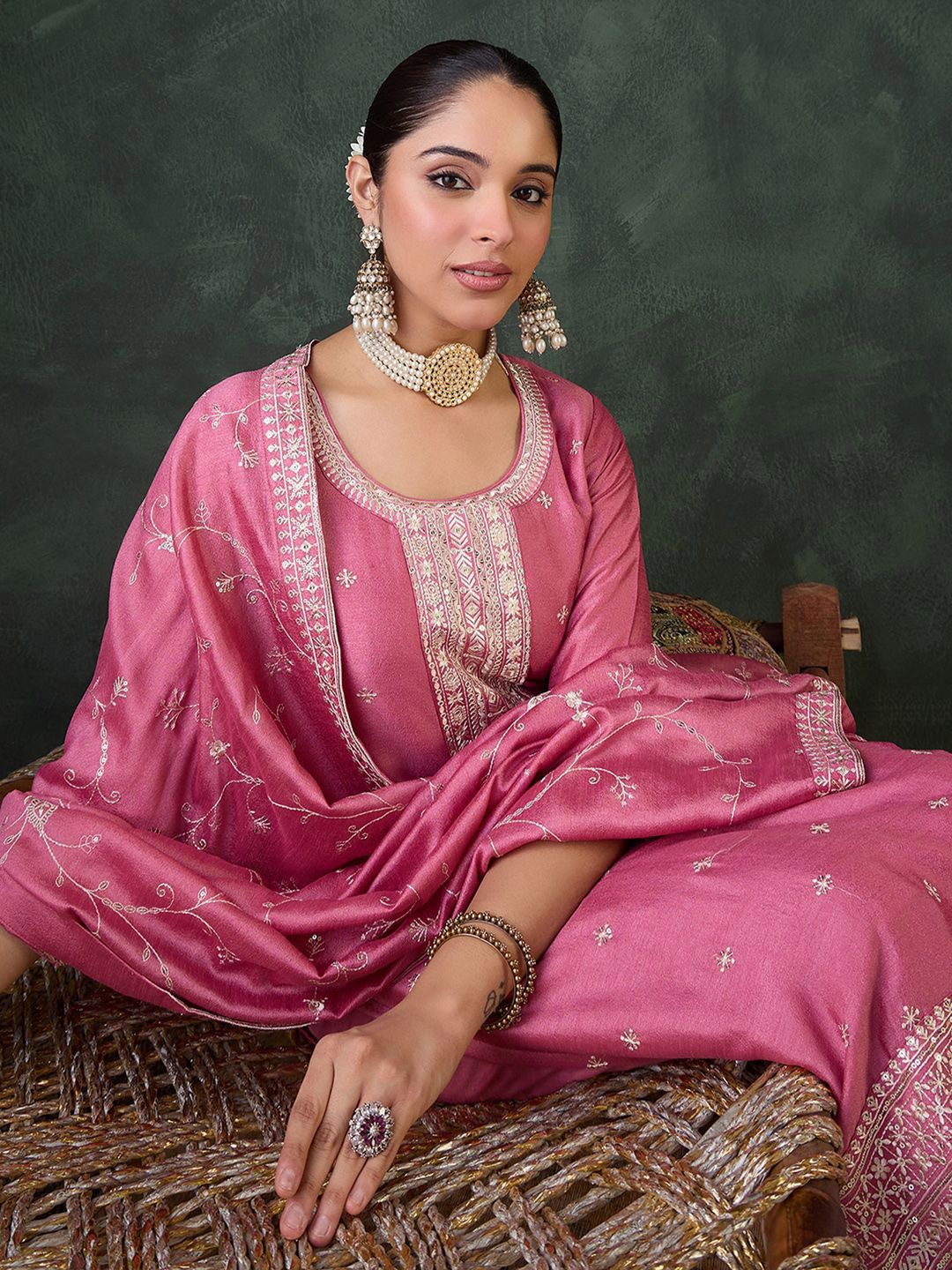 Dhiyona IE Women Ethnic Motifs Embroidered Regular Sequinned Kurta with Trousers & Dupatta