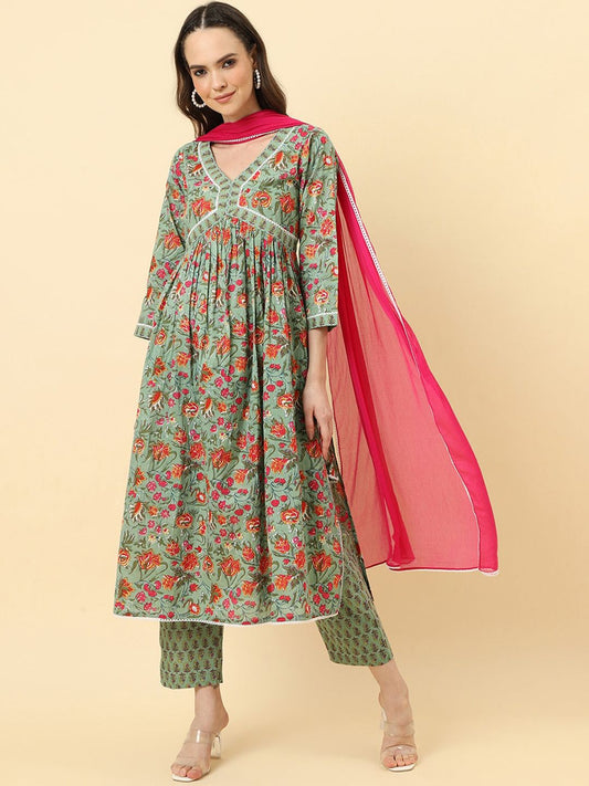 Dhiyona VA Women'sFloral Printed A-Line Pleated Pure Cotton Kurta with Trousers & Dupatta