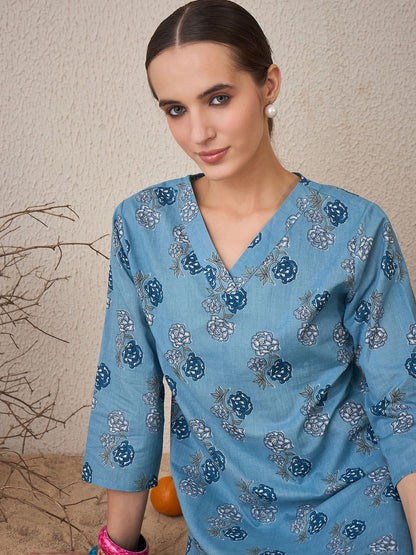 Dhiyona IE Floral Printed Pure Cotton V-Neck Straight Kurta With Trousers