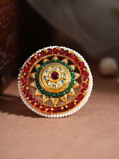 Dhiyona RJ Women's 18K Gold-Plated Ruby Red Kundan-Studded & White Pearl Beaded Handcrafted Ring