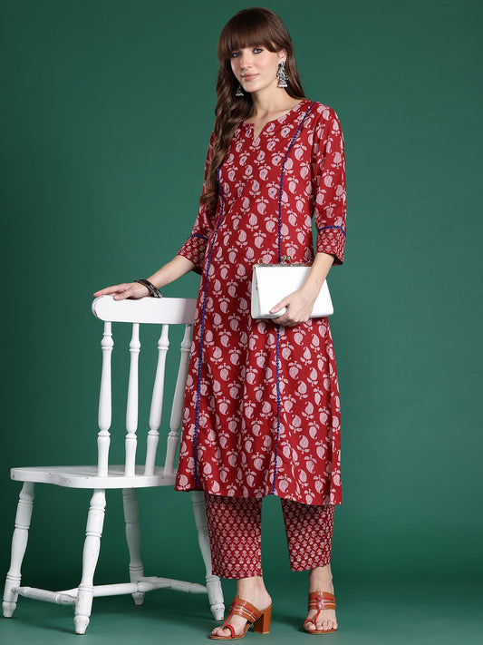 Dhiyona IE Paisley Printed Mirror Work Pure Cotton Kurta with Trousers