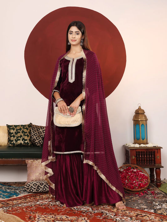 Dhiyona VA Women's Zari & Sequin Embroidered Neck Velvet Winter Kurta with Sharara & Dupatta