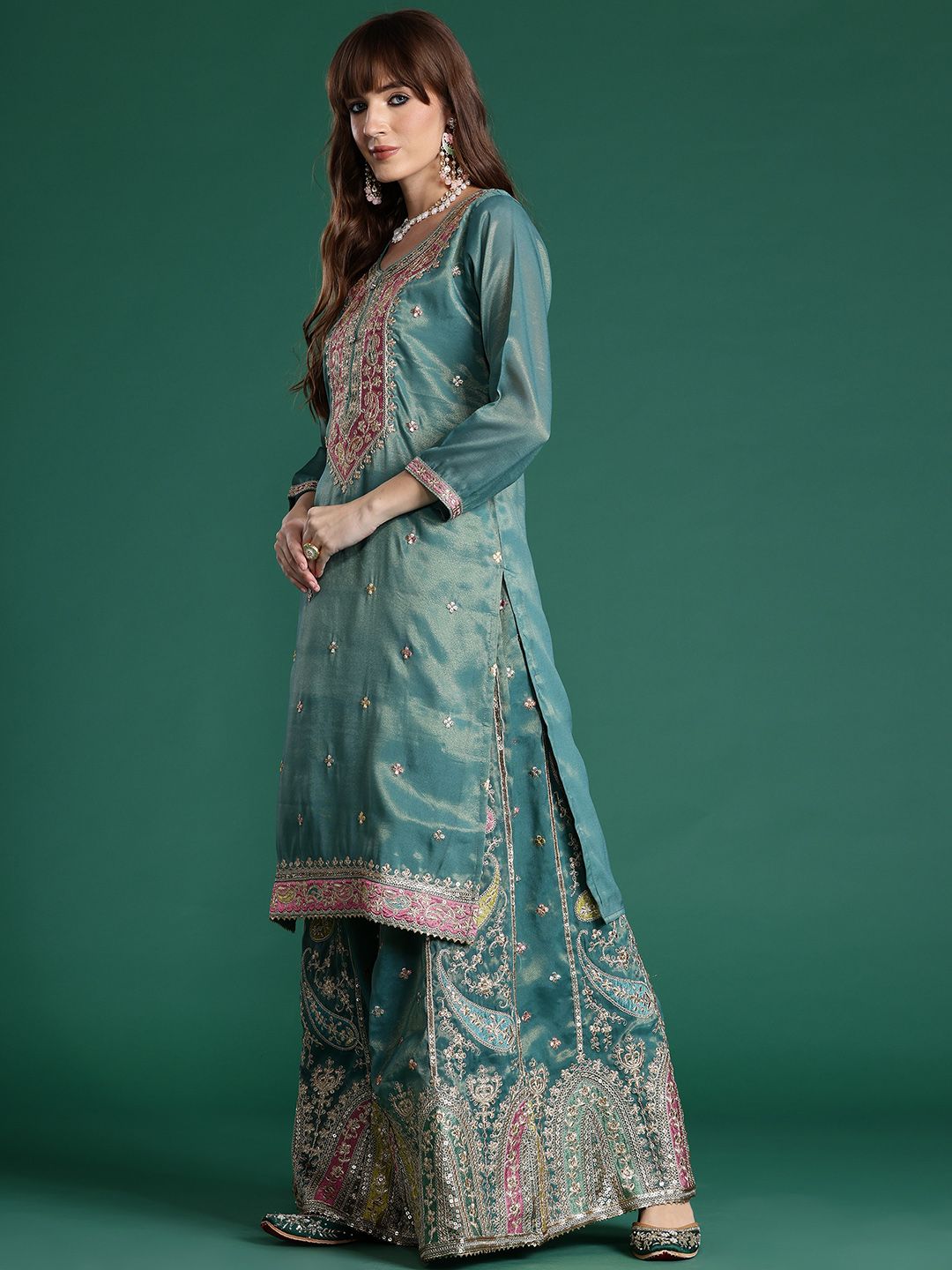 Ethnic Motifs Embroidered Sequinned Kurta with Palazzos & Dupatta