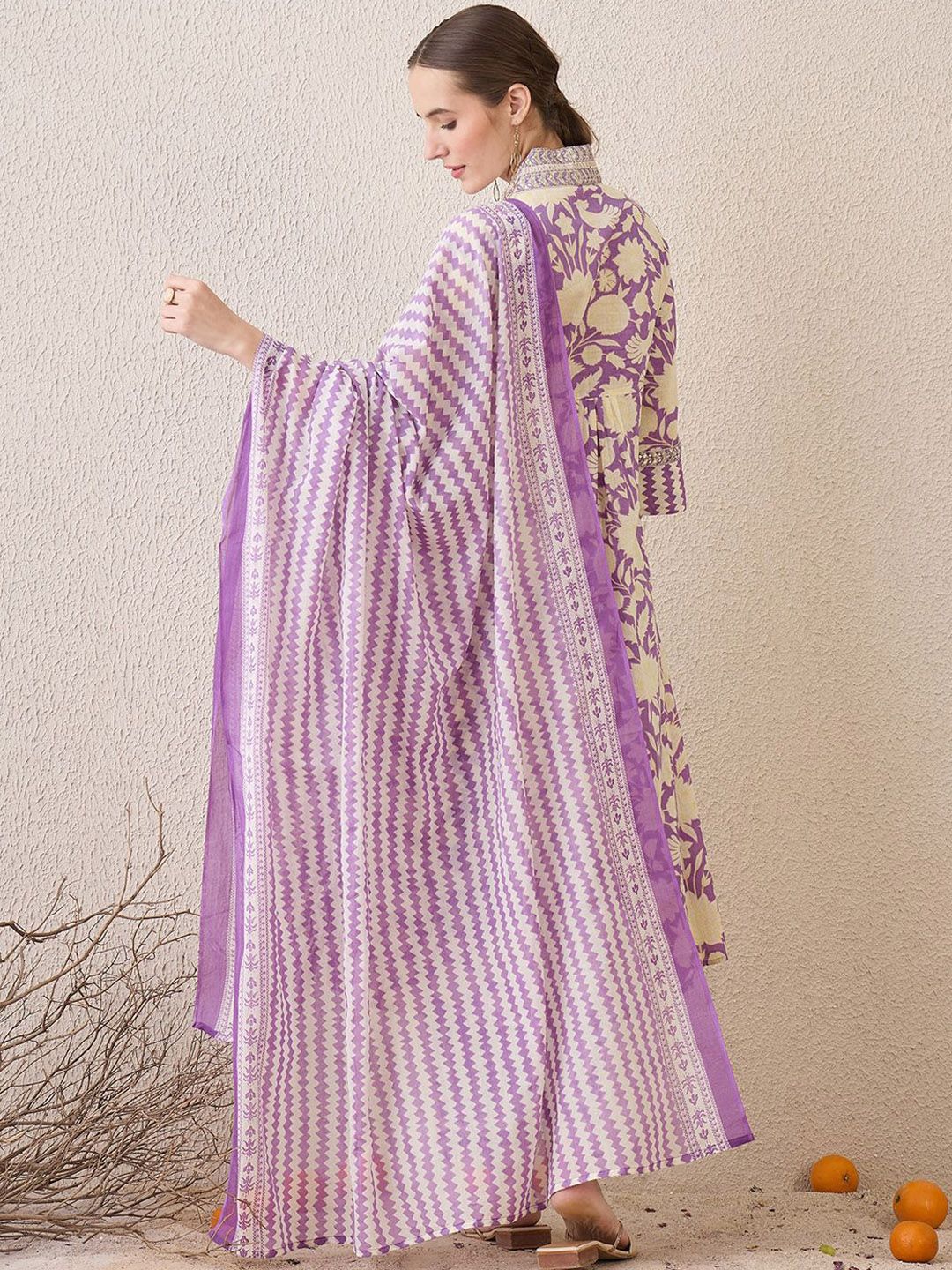 Floral Printed V-Neck Pure Cotton Straight Kurta With Trousers & Dupatta