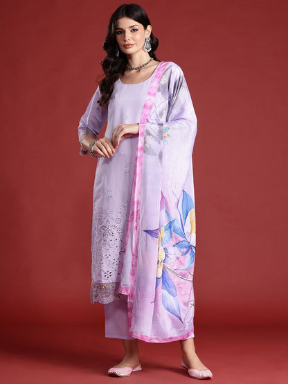 Dhiyona IE Floral Embroidered Thread Work Kurta with Trousers & Dupatta