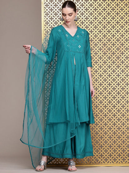 Dhiyona PD Women Embroidered Front High Slit Jashn Kurta With Palazzos & Dupatta