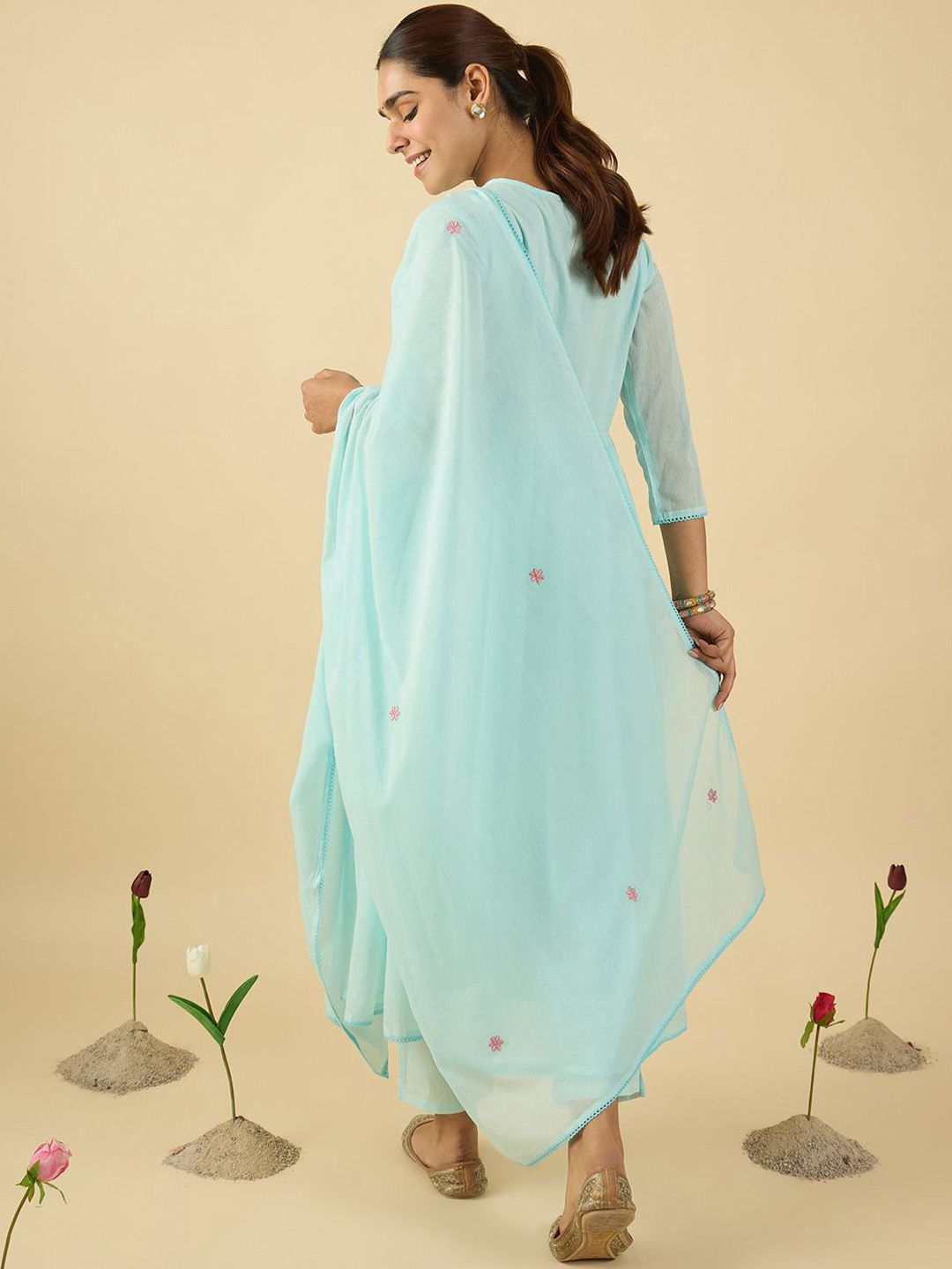 Women Floral Embroidered Cotton Kurta with Trousers & Dupatta