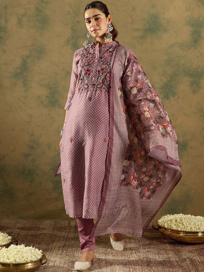 Floral Printed Thread Work Chanderi Silk Straight Kurta with Trouser & Dupatta
