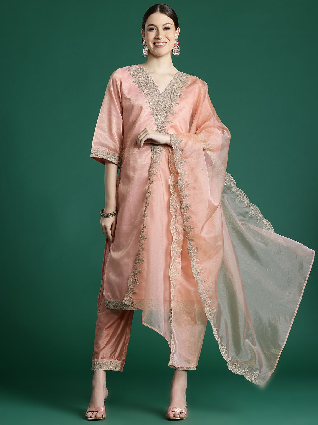 Women Ethnic Motifs Embroidered Regular Sequinned Kurta with Trousers & With Dupatta