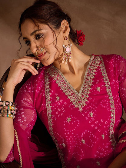 Dhiyona IE Floral Embroidered V-Neck Sequinned Cotton Straight Kurta With Trousers & Dupatta