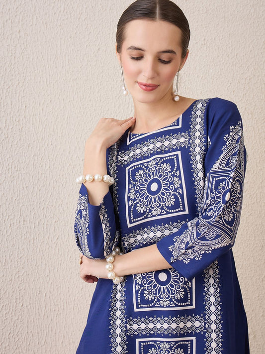 Dhiyona IE Floral Printed Round Neck Straight Kurta With Trouser