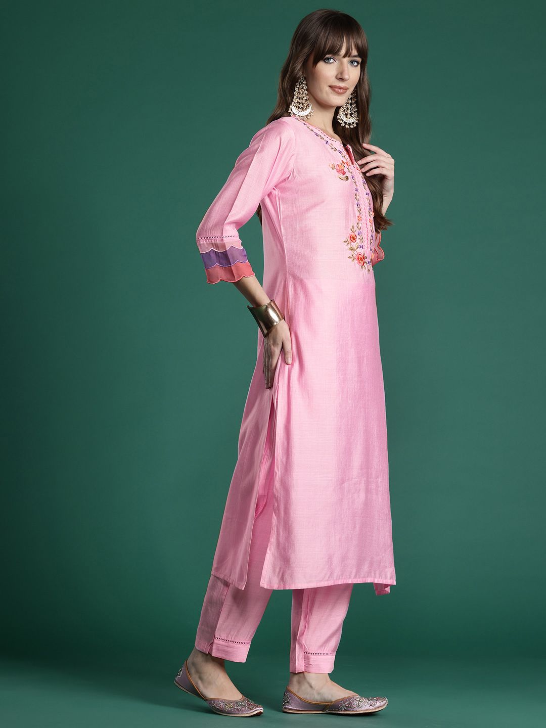 Floral Embroidered Thread Work Kurta with Trousers & With Dupatta