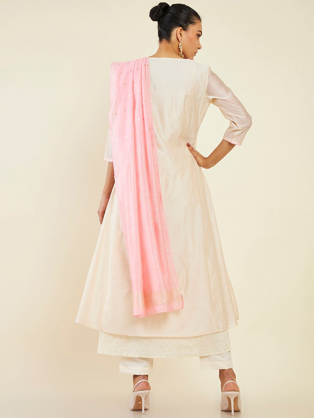 Dhiyona SO Women's Floral Embroidered A-Line Layered Pure Cotton Kurta with Trousers & Dupatta
