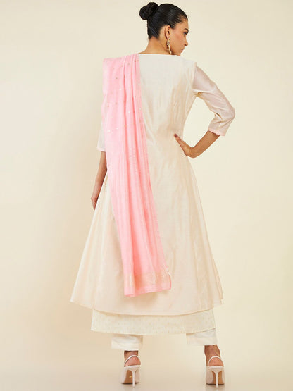 Dhiyona SO Women's Floral Embroidered A-Line Layered Pure Cotton Kurta with Trousers & Dupatta