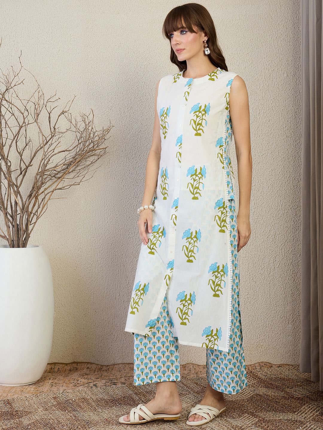 Floral Printed Mandarin Collar A Line Pure Cotton Kurta With Palazzos