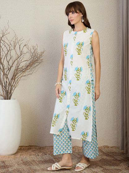 Floral Printed Mandarin Collar A Line Pure Cotton Kurta With Palazzos